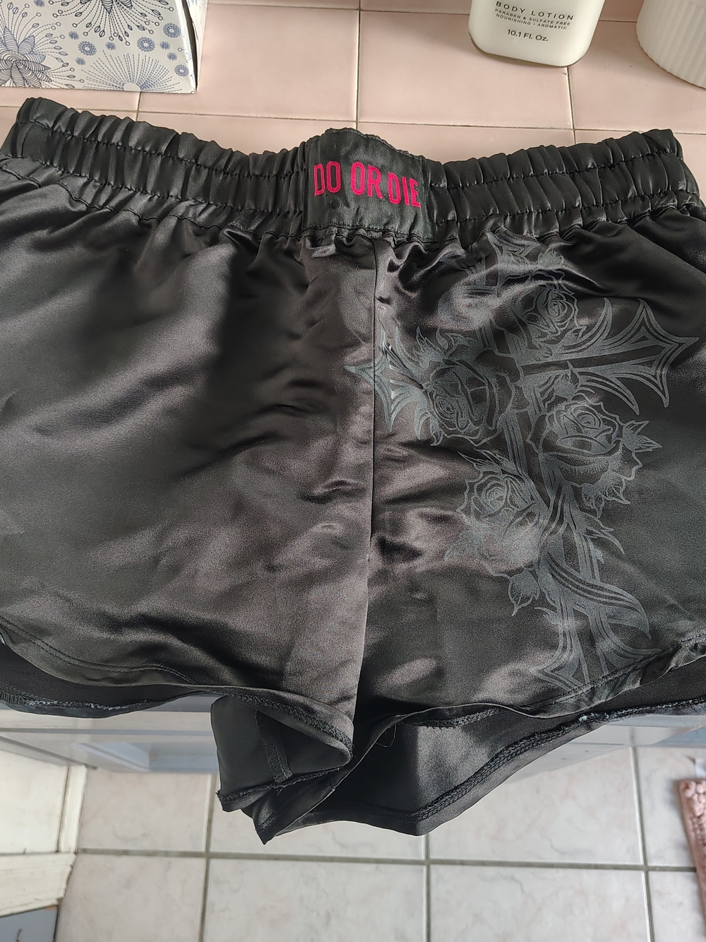 Do Or Die Black Satin Athletic Shorts with Rose Graphic